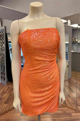 Glitter Orange Strapless Sequined Mini Corset Homecoming Dress outfit, Bridesmaids Dresses Mismatched