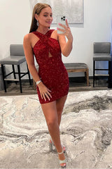 Glitter Red Halter Backless Sequins Tight Corset Homecoming Dress outfit, Glitter Red Halter Backless Sequins Tight Homecoming Dress