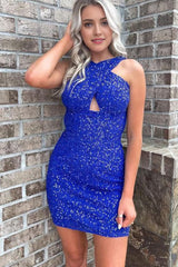 Glitter Royal Blue Halter Backless Sequins Tight Corset Homecoming Dress outfit, Glitter Royal Blue Halter Backless Sequins Tight Homecoming Dress