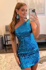 Glitter Royal Blue One Shoulder Sequins Tight Hoco Dress outfits, Glitter Royal Blue One Shoulder Sequins Tight Hoco Dress