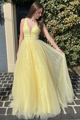 Glitter Yellow A-Line Beaded Long Tulle Corset Prom Dress outfits, Glitter Yellow A-Line Beaded Long Tulle Prom Dress