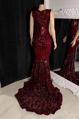 Glittery Long Red Mermaid Sleeveless Corset Prom Dresses Sequin Gowns, Bridesmaid Dress Burgundy