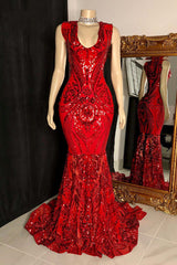 Glittery Long Red Mermaid Sleeveless Corset Prom Dresses Sequin Gowns, Bridesmaids Dresses Short