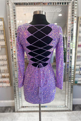 Purple Lace-Up Sequins Plunging V Neck Long Sleeves Sheath Corset Homecoming Dress outfit, Bridesmaids Dresses Black