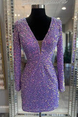 Purple Lace-Up Sequins Plunging V Neck Long Sleeves Sheath Corset Homecoming Dress outfit, Engagement Photo