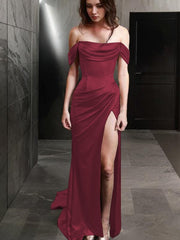 Sheath Off-the-Shoulder Sweep Train Silk like Satin Corset Prom Dresses With Leg Slit outfit, 