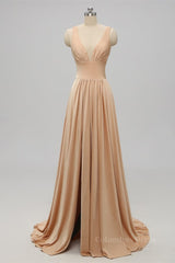 Gold Long Corset Bridesmaid Dress with Slit Gowns, Prom Dress With Long Sleeves