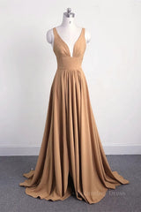 Gold Long Corset Bridesmaid Dress with Slit Gowns, Prom Dresses With Long Sleeves
