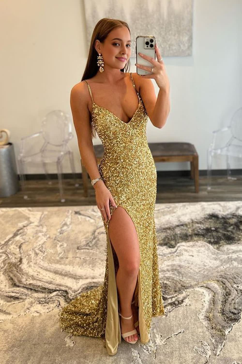 Gold Mermaid Sequin Corset Prom Dress with Slit Gowns, Gold Mermaid Sequin Prom Dress with Slit