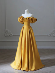 Gold Satin Long Corset Prom Dress, Off Shoulder A-Line Corset Formal Evening Dresses outfit, Bridesmaid Dresses Colors