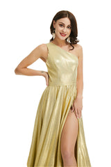 Gold Satin One Shoulder With Split Corset Prom Dresses outfit, Homecoming Dresses Laces