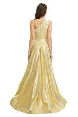 Gold Satin One Shoulder With Split Corset Prom Dresses outfit, Homecoming Dresses Silk
