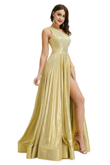 Gold Satin One Shoulder With Split Corset Prom Dresses outfit, Homecoming Dresses Tight