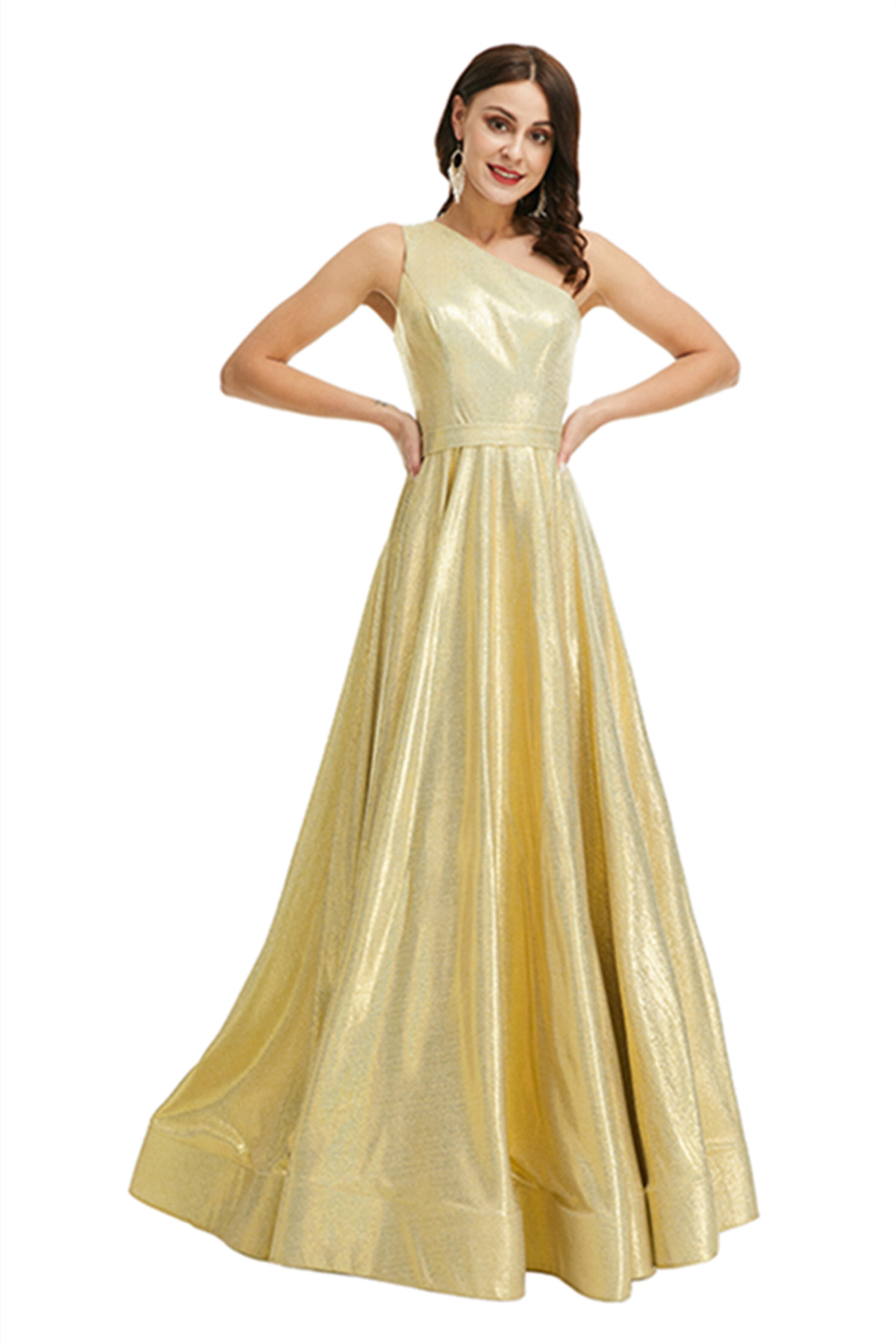 Gold Satin One Shoulder With Split Corset Prom Dresses outfit, Homecomming Dresses Lace