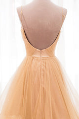 Gold V-Neck Tulle Long Corset Prom Dress, A-Line Evening Dress outfit, Party Dress And Style