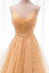 Gold V-Neck Tulle Long Corset Prom Dress, A-Line Evening Dress outfit, Party Dress Brands Usa