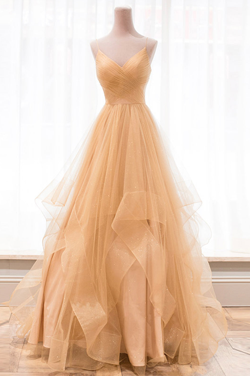 Gold V-Neck Tulle Long Corset Prom Dress, A-Line Evening Dress outfit, Party Dress Express