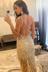 Golden Beaded Backless Long Corset Prom Dress outfits, Golden Beaded Backless Long Prom Dress