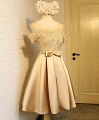 Golden Satin Lace Off Shoulder Short Corset Homecoming Dresses, Knee Length Party Dresses outfit, Bridesmaid Dress Colors