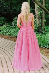 Gorgeous A Line Spaghetti Straps Pink Long Corset Prom Dress with Appliques Gowns, Gorgeous A Line Spaghetti Straps Pink Long Prom Dress with Appliques