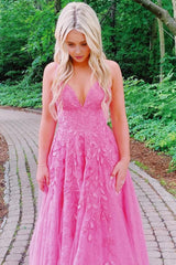 Gorgeous A Line Spaghetti Straps Pink Long Corset Prom Dress with Appliques Gowns, Gorgeous A Line Spaghetti Straps Pink Long Prom Dress with Appliques