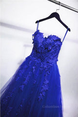 Gorgeous Blue Lace Floral Long Corset Prom Dress, Blue Appliques Corset Formal Evening Dress, Blue Corset Ball Gown outfits, Evening Dresses For Party