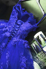 Gorgeous Blue Lace Floral Long Corset Prom Dress, Blue Appliques Corset Formal Evening Dress, Blue Corset Ball Gown outfits, Evening Dress For Party
