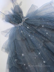 Gorgeous Blue Sparkly Tulle Beaded Corset Prom Dress, Tiered Corset Formal Gown With Rhinestone outfits, Gorgeous Blue Sparkly Tulle Beaded Prom Dress