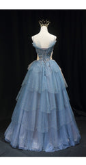 Gorgeous Blue Tulle Layers Beaded Long Corset Wedding Party Dresses, Blue Corset Formal Gown outfit, Wedding Dresses Fit