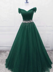 Gorgeous Dark Green Tulle Off Shoulder Long Party Dress, Corset Prom Gown outfits, Club Dress