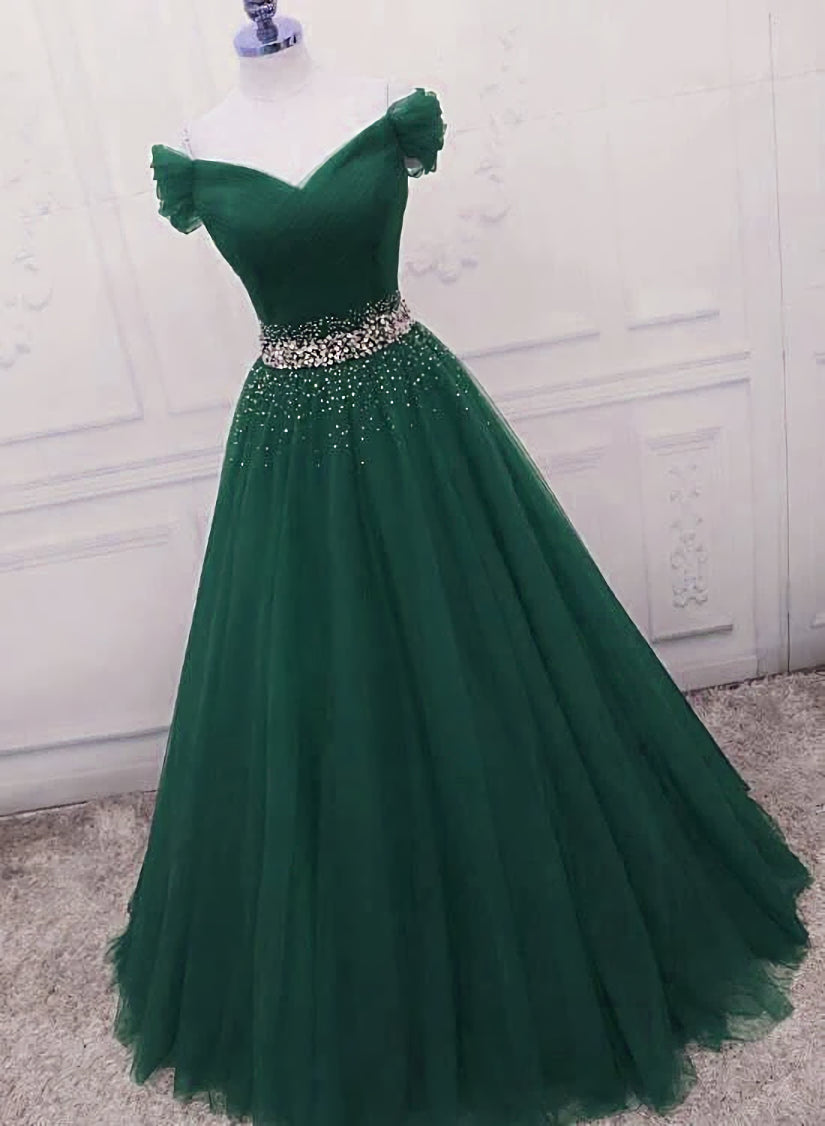Gorgeous Dark Green Tulle Off Shoulder Long Party Dress, Corset Prom Gown outfits, Evening Dress Long