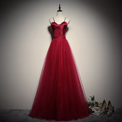 Gorgeous Dark Red Straps Tulle Long Party Dress, A-line Corset Formal Dress outfit, Formal Dress For Weddings