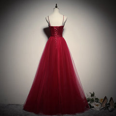 Gorgeous Dark Red Straps Tulle Long Party Dress, A-line Corset Formal Dress outfit, Formal Dresses For Wedding