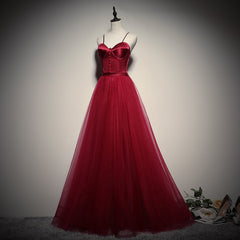 Gorgeous Dark Red Straps Tulle Long Party Dress, A-line Corset Formal Dress outfit, Formal Dress For Wedding