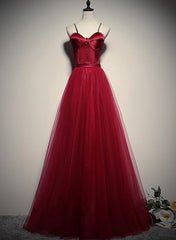 Gorgeous Dark Red Straps Tulle Long Party Dress, A-line Corset Formal Dress outfit, Formal Dresses And Gowns