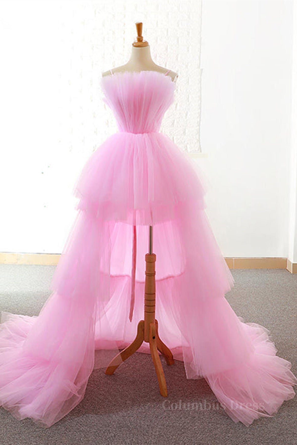 Gorgeous High Low Pink Tulle Long Corset Prom Dresses, Pink Tulle Corset Formal Graduation Evening Dresses outfit, Formal Dresses Long Elegant