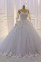 Gorgeous Long A-Line Bateau Pearl Tulle Appliques Lace Corset Wedding Dress with Sleeves Gowns, Wedding Dresses Long