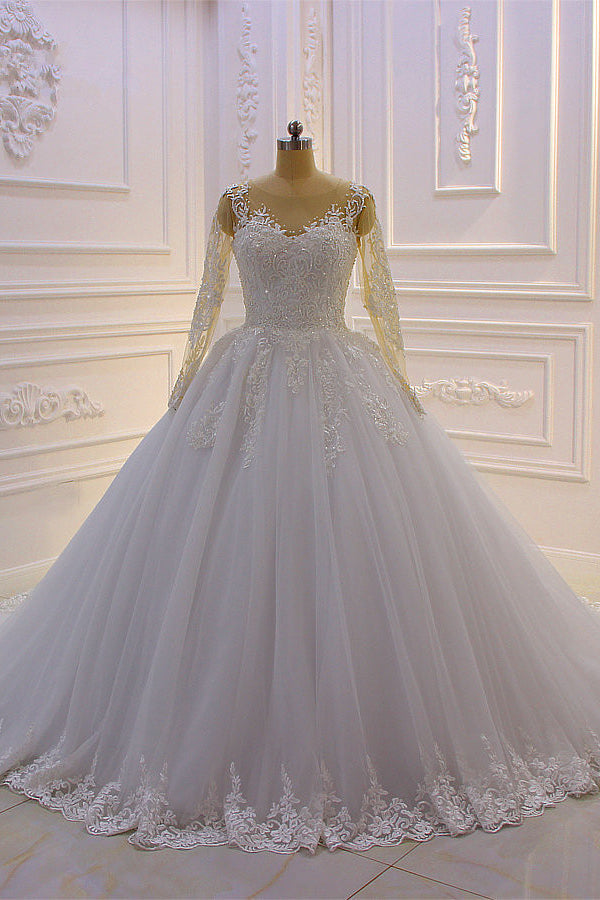 Gorgeous Long A-Line Bateau Pearl Tulle Appliques Lace Corset Wedding Dress with Sleeves Gowns, Wedding Dresses V Neck