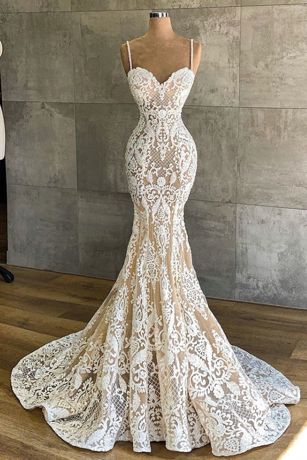 Gorgeous Long Mermaid Sweetheart Spaghetti-straps Lace Corset Wedding Dresses outfit, Wedding Dress Bridesmaid