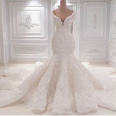 Gorgeous Long Mermaid V-neck Appliques Lace Ruffles Corset Wedding Dress outfit, Wedding Dresses Bride