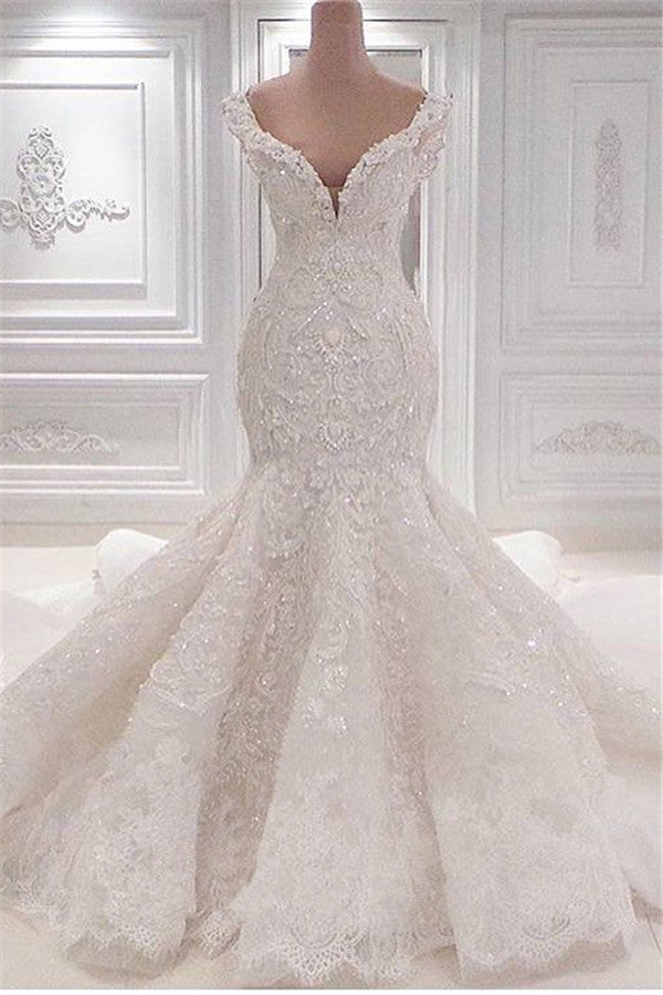 Gorgeous Long Mermaid V-neck Appliques Lace Ruffles Corset Wedding Dress outfit, Wedding Dress Dress