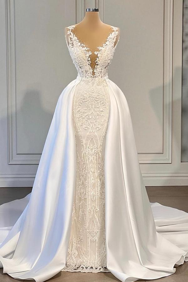 Gorgeous Long Mermaid V-neck Lace Corset Wedding Dresses with Satin Detachable Train outfit, Wedding Dress Princess