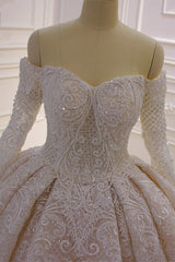 Gorgeous Long Sleeve Off the Shoulder Appliques Lace Corset Ball Gown Corset Wedding Dress outfit, Wedding Dressing Gown