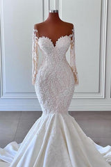 Gorgeous Long Sleeves White Mermaid Bridal Dress Sweetheart Graden Corset Wedding Dresses outfit, Wedding Dresses Long Sleeve