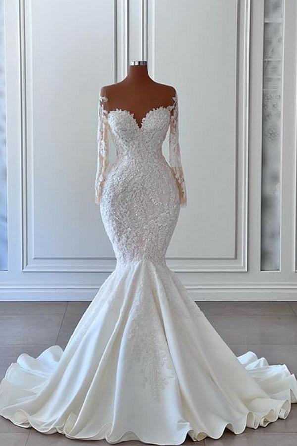 Gorgeous Long Sleeves White Mermaid Bridal Dress Sweetheart Graden Corset Wedding Dresses outfit, Wedding Dress Outfit