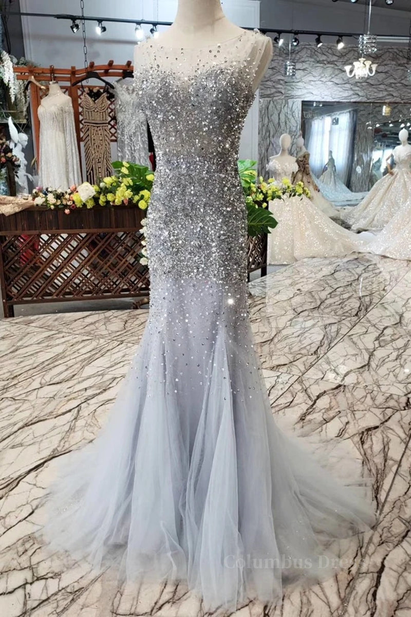 Gorgeous Mermaid Backless Silver Grey Sequins Corset Prom Dress, Mermaid Silver Grey Corset Formal Dress, Shiny Silver Grey Evening Dress outfit, Long Dress Outfit
