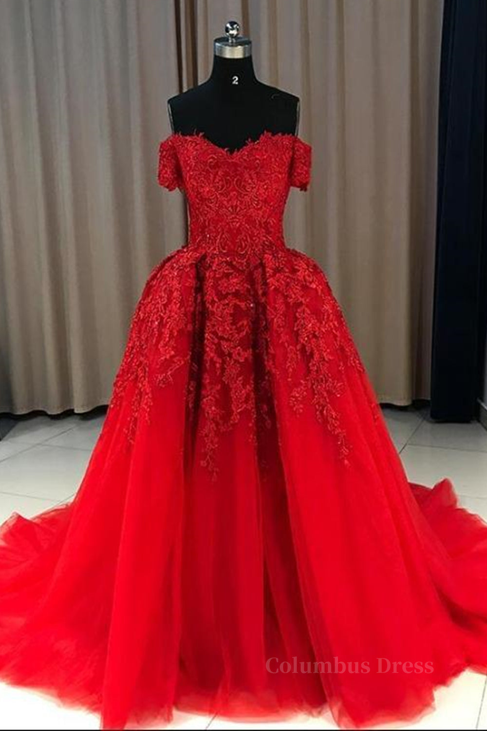 Gorgeous Off Shoulder Red Lace Long Corset Prom Dresses, Red Lace Corset Formal Evening Dresses, Red Corset Ball Gown outfits, Royal Dress