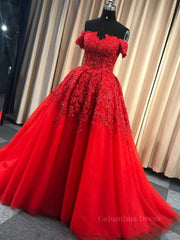 Gorgeous Off Shoulder Red Lace Long Corset Prom Dresses, Red Lace Corset Formal Evening Dresses, Red Corset Ball Gown outfits, On Piece Dress