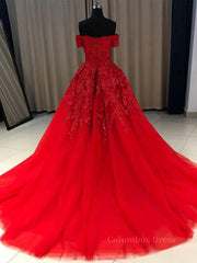 Gorgeous Off Shoulder Red Lace Long Corset Prom Dresses, Red Lace Corset Formal Evening Dresses, Red Corset Ball Gown outfits, Formal Dresses Long