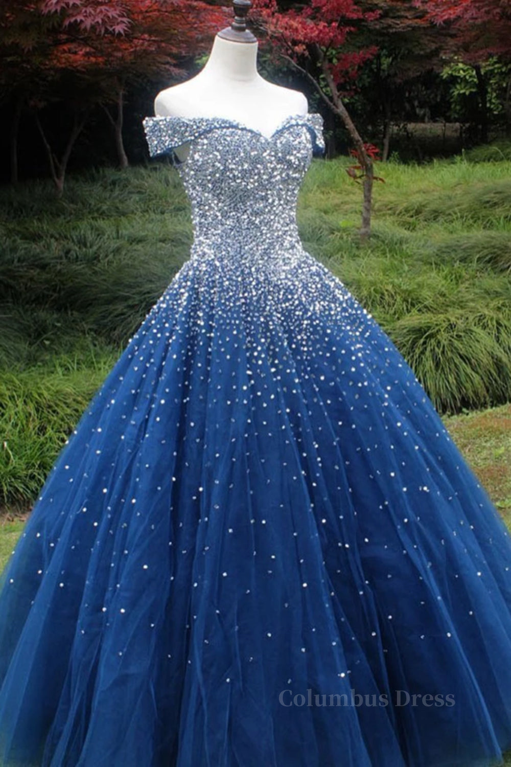 Gorgeous Off Shoulder Sequins Blue Long Corset Prom Dress, Shiny Sequins Blue Corset Formal Evening Dress, Blue Corset Ball Gown outfits, Bridesmaid Dresses Mismatched Colors